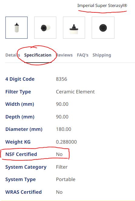 Le filtre Doulton Super Stérasyl n'est PAS certifié NSF sur le site Doulton.com
