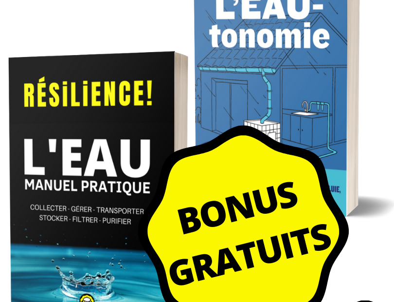 Accès aux bonus gratuits complémentaires à mes deux livre sur l'eau: "Résilience! L'EAU, manuel pratique" et "Tendre vers l'Eautonomie". Code promo, matériel recommandé, accé privilégié aux intervews, bon plan, astuces.