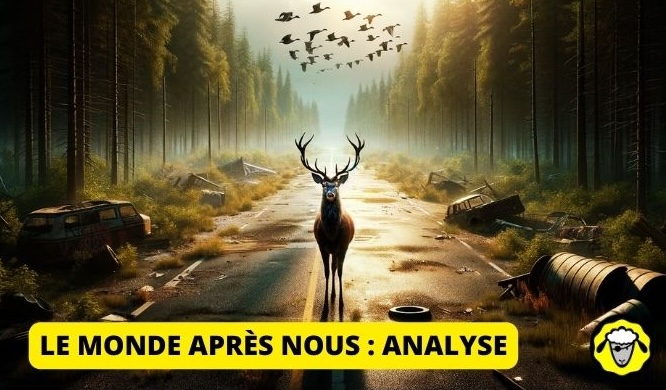 "Le monde après nous" - Un cerf se tenant sur une route déserte, évoquant une tranquillité sereine dans un monde rendu à la nature. Une scène post-apocalyptique cinématique avec un cerf majestueux au centre d'une route abandonnée, entouré par une nature luxuriante et des objets abandonnés.