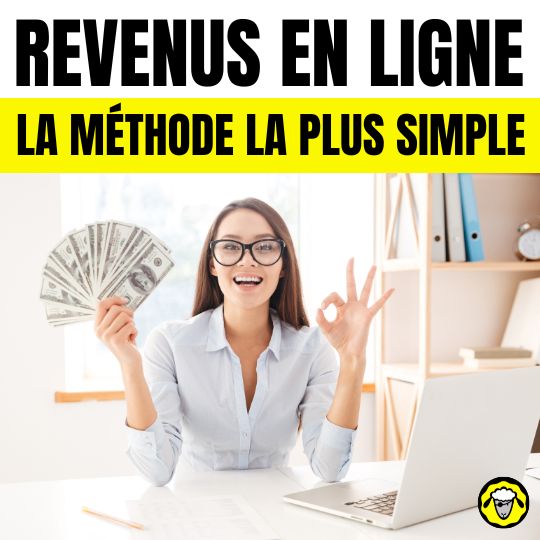  Femme en chemise bleue assise au bureau, souriante, tenant des billets de banque d'une main et faisant le signe "OK" de l'autre, avec un ordinateur portable devant elle. Texte "REVENUS EN LIGNE - LA MÉTHODE LA PLUS SIMPLE" en haut.