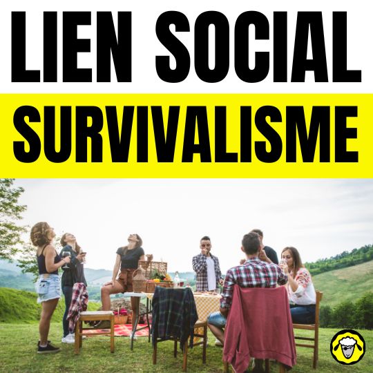 Groupe d'amis profitant d'un pique-nique en campagne avec un fond de collines verdoyantes, sous le thème du survivalisme.