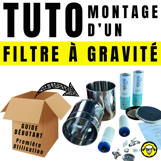 Tuto_Filtre_A_Gravite_Guide_Debutant Composants d'un filtre à eau par gravité étalés pour montage avec un guide pour débutants, illustrant le processus d'assemblage