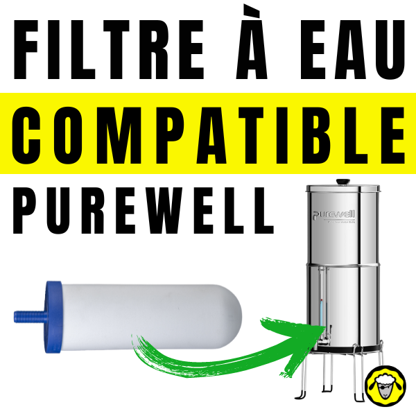 mage de gauche : Une cartouche de filtre à eau blanche avec une extrémité bleue. Image de droite : Un système de filtration d'eau en acier inoxydable marqué "Purewell". Texte : "Filtre à Eau Compatible Purewell".