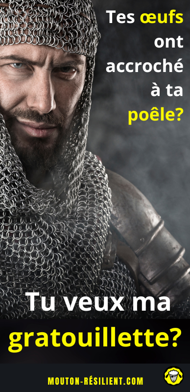 Chevalier en cotte de mailles offrant sa gratouillette pour nettoyer une poêle