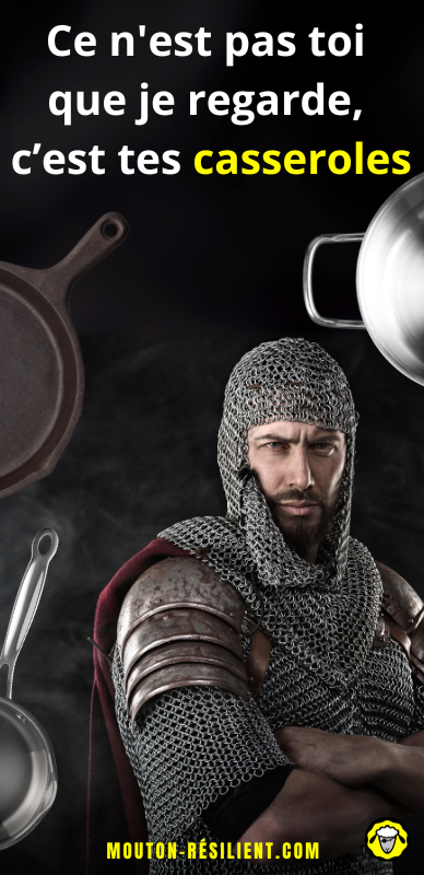 Chevalier fixant des casseroles, avec une légende humoristique sur son intérêt pour les casseroles