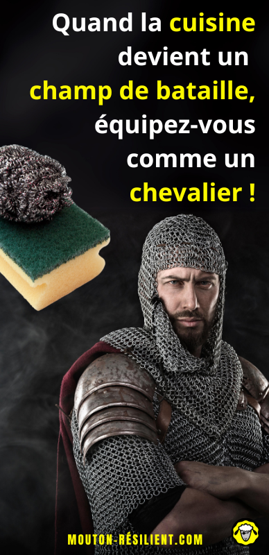 Un chevalier en armure avec une éponge métallique, prêt à combattre dans la cuisine.