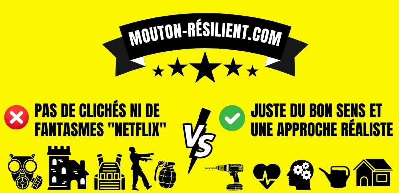 mouton-resilient-sens-realiste-vs-cliches-netflix Bannière jaune avec le titre "mouton-résilient.com", comparant clichés et fantasmes à une approche réaliste et de bon sens avec des icônes symbolisant chaque côté.