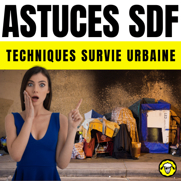 Image d'une femme choquée en robe bleue, pointant du doigt un campement urbain, avec les titres "ASTUCES SDF" et "TECHNIQUES SURVIE URBAINE" en gros caractères.
