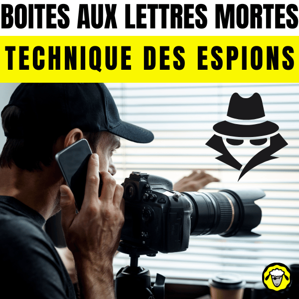 Homme en train de surveiller avec un appareil photo et un téléphone, symbolisant une technique d'espionnage, accompagné d'un logo d'espion et du texte "Boîtes aux lettres mortes : Technique des espions"
