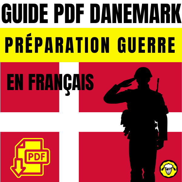 Guide PDF du Danemark sur la préparation à la guerre, en français, avec un soldat saluant devant le drapeau danois et une icône de téléchargement PDF.