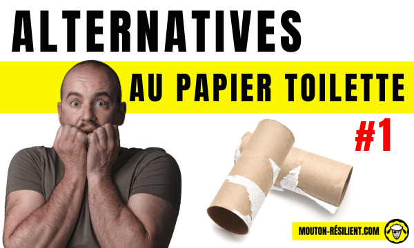Un homme choqué tenant son visage, accompagné d’un rouleau de papier toilette vide, illustrant une recherche d’alternatives au papier toilette