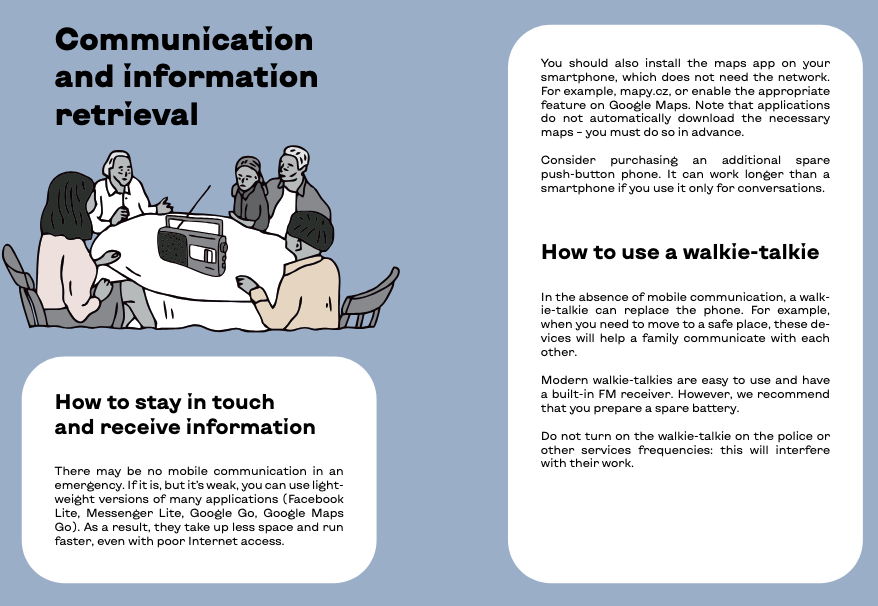 Guide de communication et d’utilisation de talkie-walkie en cas de crise, avec des conseils pour rester informé et une illustration de personnes écoutant une radio.