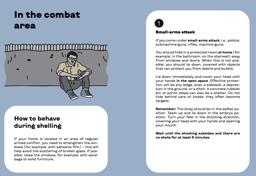 Conseils de comportement en zone de combat, expliquant comment réagir face aux tirs d’armes légères ou pendant les bombardements, avec une illustration d’un homme caché dans une tranchée.
