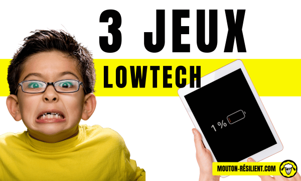 3 jeux lowtech - un enfant paniqué devant une tablette presque déchargée, illustrant des alternatives ludiques sans technologie.