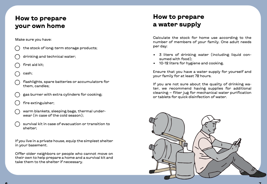 Instructions pour préparer sa maison en cas d’urgence, incluant une liste d’articles essentiels et des recommandations pour le stockage d’eau potable, avec une illustration d’un homme vérifiant des réserves.