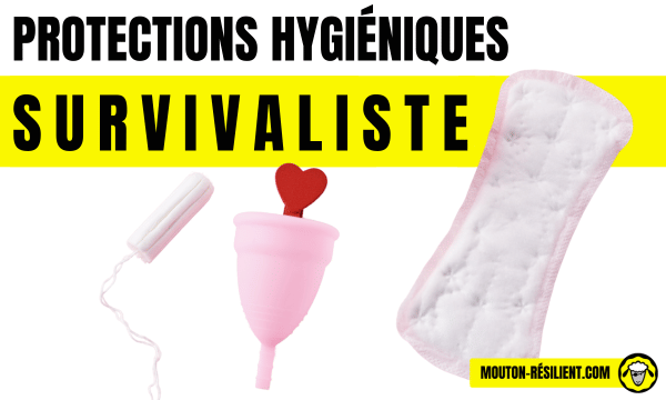 protections hygiéniques survivalistes - un tampon, une coupe menstruelle et une serviette lavable, représentant des alternatives durables.
