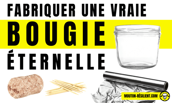 fabriquer une bougie éternelle - bocal en verre, aluminium, bouchon et cure-dents, illustrant une méthode économique et durable.