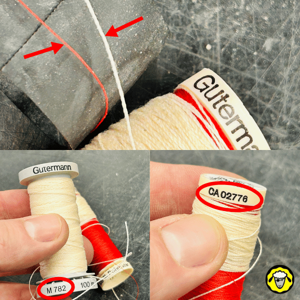 Une comparaison des codes imprimés sur une bobine de fil Gütermann, montrant "M782" et "CA02776" pour identifier le type et la qualité du fil.