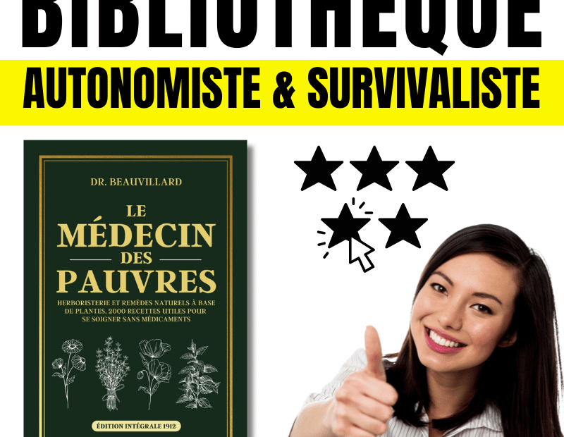 Affiche présentant une bibliothèque autonomiste et survivaliste avec le livre "Le Médecin des Pauvres" en couverture, accompagné d'une femme souriante faisant un pouce levé et des étoiles d'évaluation.