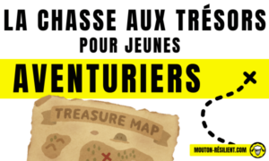 Illustration d’une carte au trésor ancienne, avec des chemins tracés et des croix rouges, accompagnée du texte "LA CHASSE AUX TRÉSORS POUR JEUNES AVENTURIERS". L’image évoque l’exploration, l’aventure et la découverte, parfaite pour inviter les enfants à s’amuser tout en apprenant.