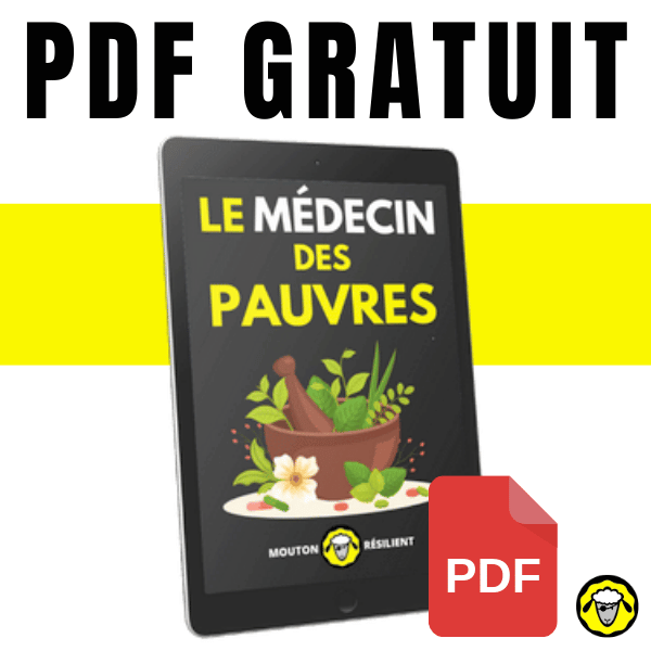 Image d'une tablette affichant la couverture du livre Le Médecin des Pauvres avec une illustration de plantes médicinales et un mortier en bois. Le texte "PDF GRATUIT" est affiché en haut, et le logo Mouton-Résilient.com est en bas.