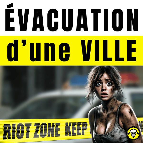 Femme effrayée et sale devant une zone d’émeute avec ruban de sécurité et véhicule de police en arrière-plan.