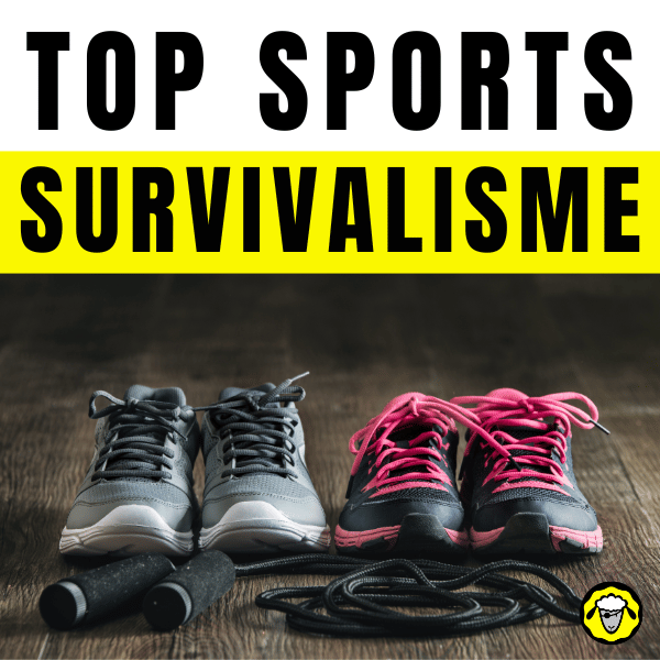 top-sports-survivalisme Paire de chaussures de sport avec corde à sauter sur un sol en bois, accompagnées du texte "TOP SPORTS SURVIVALISME" en noir et jaune.