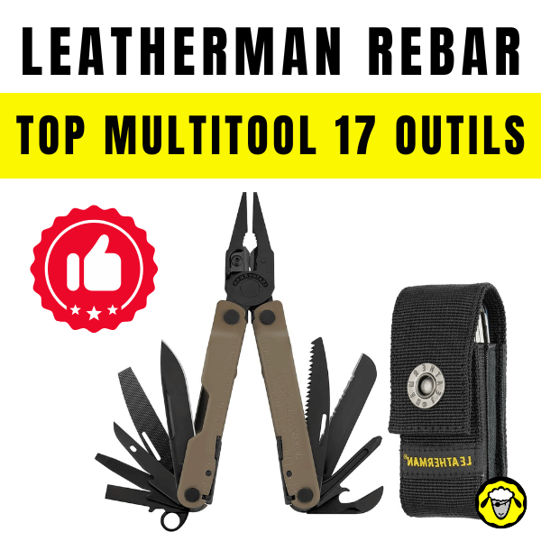 Outil multifonction Leatherman Rebar avec 17 outils déployés et son étui noir.