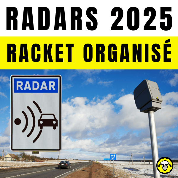 Panneau de signalisation radar et radar automatique sur le bord d'une route sous un ciel partiellement nuageux, avec le texte "RADARS 2025 - RACKET ORGANISÉ".