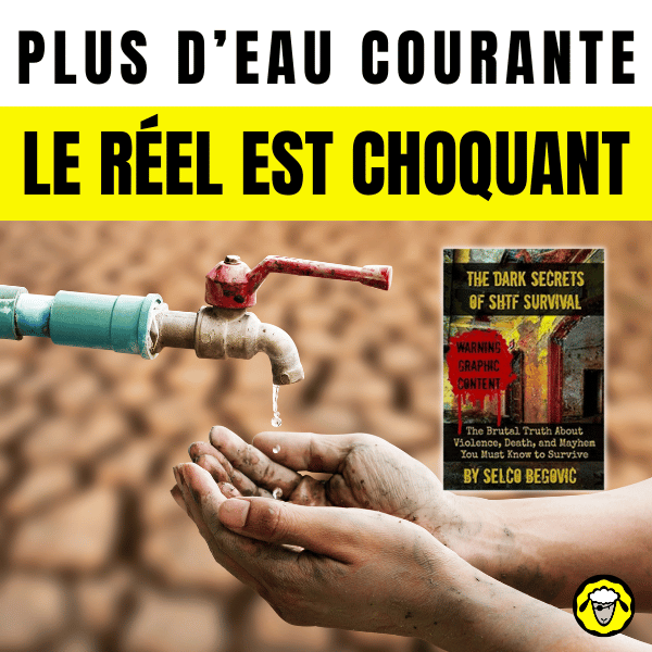 Une main tendue sous un robinet rouillé qui ne laisse tomber qu'une goutte d'eau, avec le texte "PLUS D’EAU COURANTE - LE RÉEL EST CHOQUANT" en haut, et une couverture de livre sur la survie en bas à droite.