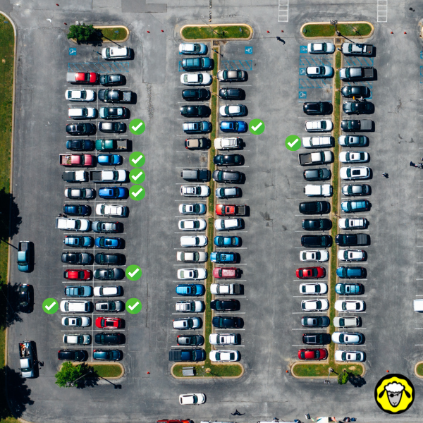 Vue aérienne d’un grand parking avec marquages et nombreux véhicules garés en marche arrière. Mise en avant des bons comportements collectifs en matière de stationnement stratégique. Anticipation et bon sens appliqués à l’échelle.