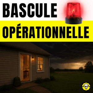 Image composée d’un visuel de maison éclairée en pleine campagne avec un sac posé près de la porte, sous un ciel orageux menaçant, accompagnée en haut d’un bandeau jaune avec une alerte lumineuse rouge et le texte "BASCULE OPÉRATIONNELLE" en noir, évoquant le passage d’un état de routine à un mode de préparation active.