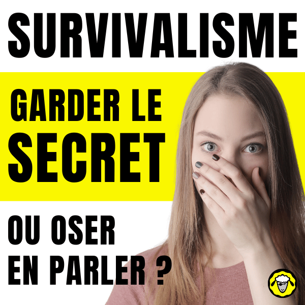 Image de couverture sur le thème du survivalisme, avec le texte « Survivalisme : garder le secret ou oser en parler ? ». Une femme au regard étonné se couvre la bouche, exprimant la notion de discrétion ou de gêne. Ce visuel illustre un article de blog ou un contenu réseau social sur la question de la discrétion stratégique dans la préparation survivaliste, l’anonymat, la gestion des proches et la communication autour de la préparation personnelle à une crise.