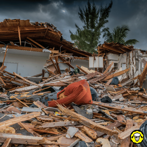 Maison totalement détruite par l’ouragan Helene, débris de bois et gravats jonchant le sol. Illustration des dégâts matériels massifs causés par la tempête.