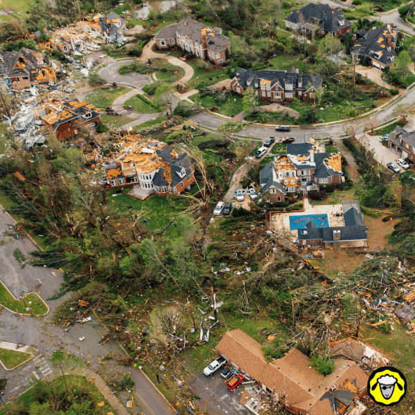 Vue aérienne d’un quartier résidentiel après l’ouragan Helene : toitures arrachées, arbres déracinés, destruction généralisée. Témoignage de la violence du cyclone.