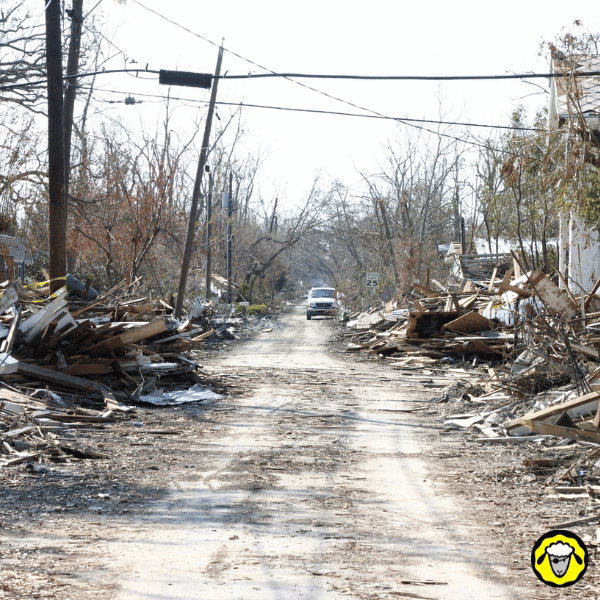 Rue jonchée de débris et détritus après le passage de l’ouragan Helene. Maisons endommagées, infrastructures détruites, symbole du chaos post-catastrophe.