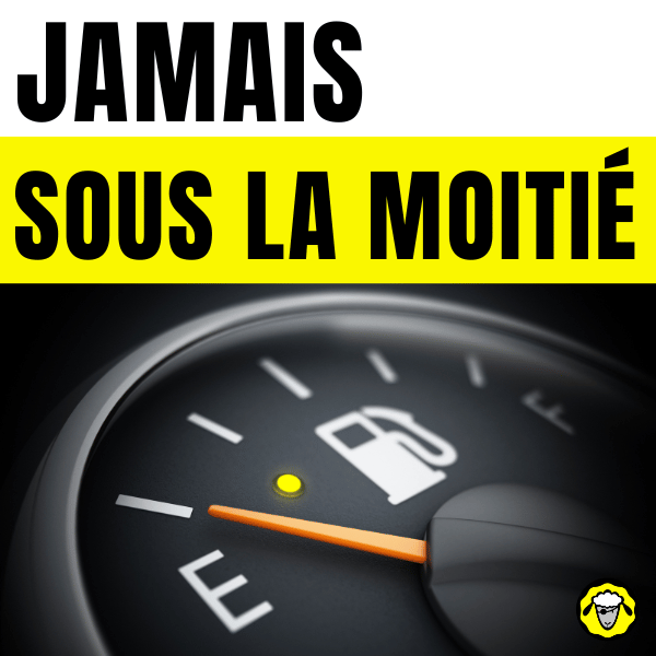 Jauge de carburant d’un véhicule indiquant un niveau très bas, avec le témoin lumineux allumé. En surimpression, le message « JAMAIS SOUS LA MOITIÉ » en lettres capitales noires et jaunes, évoquant un principe survivaliste de précaution en cas de crise.
