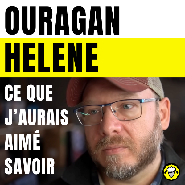 Visuel de témoignage sur l’ouragan Helene : portrait d’un survivant américain portant casquette et lunettes, avec le titre « Ouragan Helene : ce que j’aurais aimé savoir ». Image utilisée pour illustrer un article de survivalisme et de résilience, présentant la traduction en français d’une vidéo américaine. Ce contenu met en avant les leçons tirées d’une catastrophe naturelle majeure aux États-Unis : préparation, survie, solidarité communautaire, gestion de crise après un ouragan destructeur.