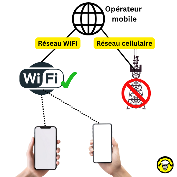 Schéma montrant un téléphone qui réussit à passer un appel via le réseau Wi-Fi, alors qu’un autre téléphone échoue à se connecter au réseau cellulaire. Le Wi-Fi est représenté comme une solution de secours en cas de panne d’antenne.
