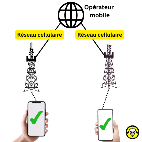 Deux téléphones connectés chacun à une antenne cellulaire. Les deux communications fonctionnent normalement grâce au réseau mobile.