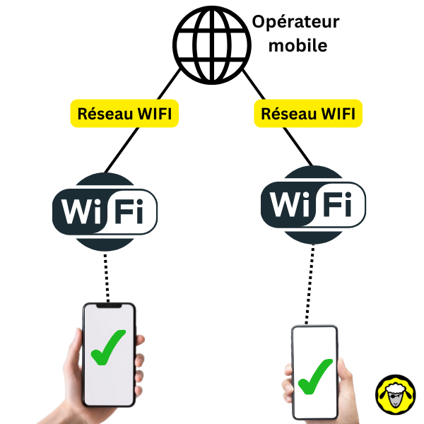 Deux téléphones connectés chacun à un réseau Wi-Fi. Les deux communications passent avec succès, même sans réseau cellulaire.