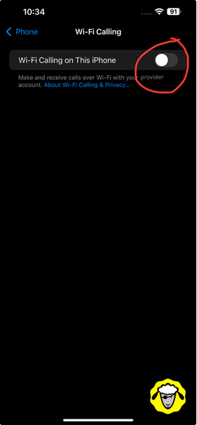 Capture d’écran iPhone montrant l’option « Wi-Fi Calling on This iPhone » désactivée, avec le bouton de bascule en haut à droite entouré en rouge.