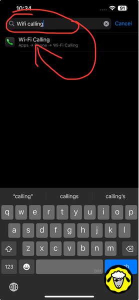 Capture d’écran iPhone avec la recherche « Wifi calling » dans les réglages. Le résultat « Wi-Fi Calling – Phone > Wi-Fi Calling » est affiché et entouré en rouge.
