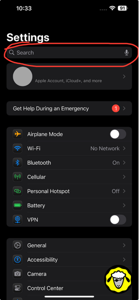 Capture d’écran iPhone des paramètres principaux, mettant en évidence la barre de recherche en haut de l’écran, entourée en rouge, pour retrouver plus rapidement l’option Wi-Fi Calling.