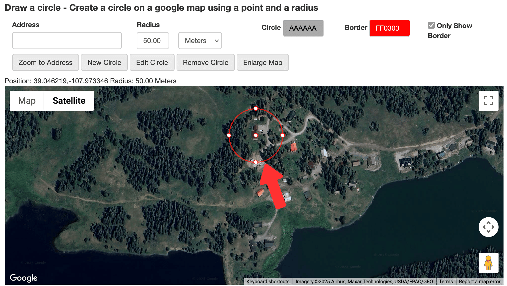 Cercle rouge de 50 mètres tracé sur une zone résidentielle via l’outil Draw a Circle Tool.