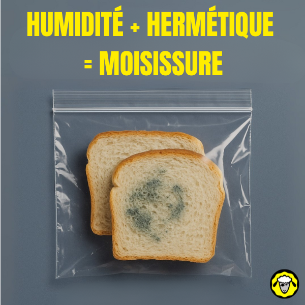 Humidite_Hermetique_moisissure Deux tranches de pain enfermées dans un sachet plastique, l’une recouverte de moisissure verte. L’image illustre le principe “Humidité + hermétique = moisissure”, pour rappeler qu’une cartouche de filtre à eau humide ne doit jamais être stockée dans un sac plastique fermé.