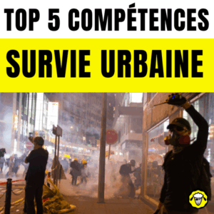 Affiche sur les compétences essentielles de survie urbaine, avec une scène de manifestation urbaine enfumée en arrière-plan.