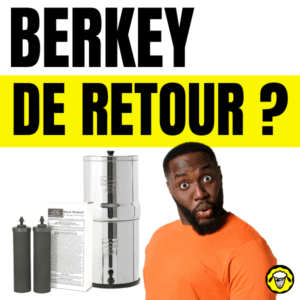 Filtre à gravité Berkey en inox avec cartouches Black Berkey et un homme surpris – retour de la marque Berkey sur le marché des filtres à eau domestiques.