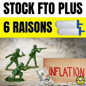 Image présentant le titre « Stock FTO Plus – 6 raisons » en gros caractères noirs sur fond jaune. À droite, un visuel de deux cartouches de filtre FTO Plus. Sous le titre, des figurines de soldats en plastique (symbole de crise ou de guerre) sont positionnées autour d’un panneau en carton indiquant « INFLATION », avec des billets de banque posés devant.