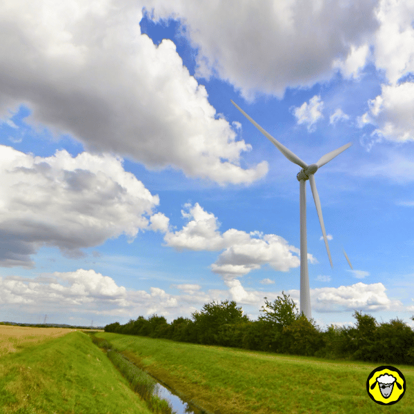 Photographie d’une éolienne près de l’usine Coldstream, en Angleterre, installée dans un environnement rural, avec ciel bleu et nuages